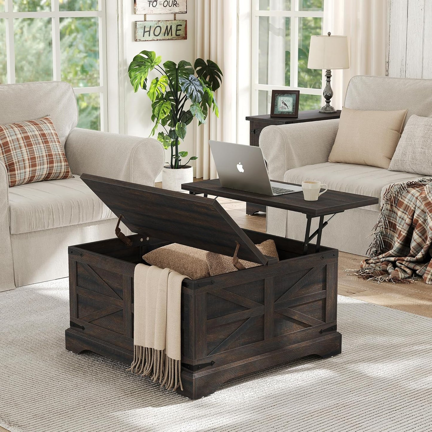 Square Coffee Table with Storage Farmhouse Coffee Table with Lifting Top Modern Wood Center Table for Living Room Home Office, Dark Brown