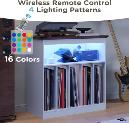 Farmhouse Large Record Player Stand with Power Outlets & LED Lights, Vinyl Record Stand Hold up to 150 Albums, Turntable Stand for Living Room, Bedroom, White