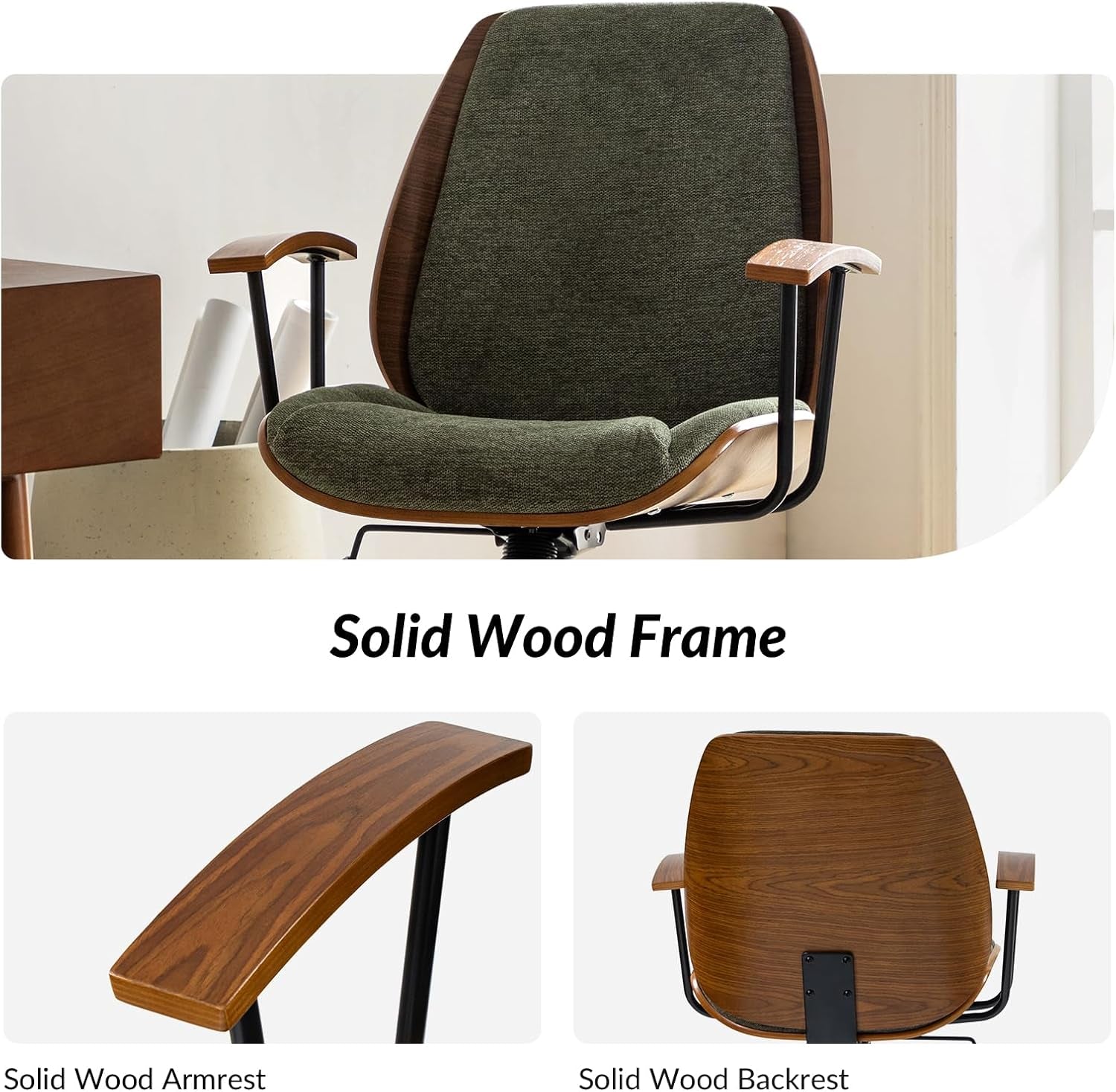 Solid Wood Office Chair with Rocking Function, Comfy Fabric Desk Chair with Bent Wood and Metal Base, Height Adjustable Swivel Computer Task Chair, Green