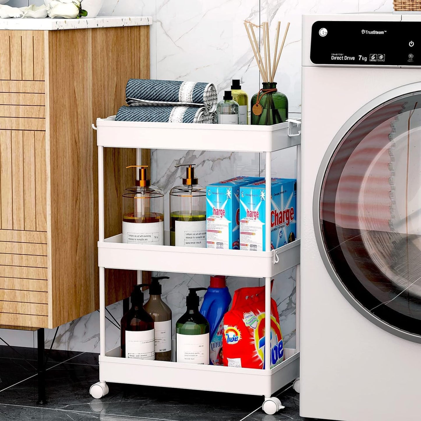 Storage Rolling Cart, 3 Tier Laundry Room Organization Utility Cart Bathroom Organizer Mobile Shelving Unit Shelves Multi-Functional Trolley, White