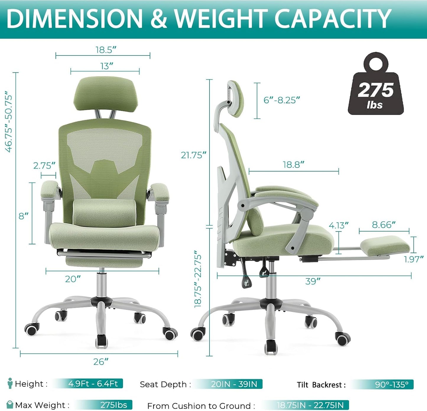 Office Desk Chair with Footrest Ergonomic Gaming Chair for Adults Computer Mesh, Lumbar Support,Swivel Reclining with Headrest, Comfy Armrest for Home, Office, Work, Study, Light Green