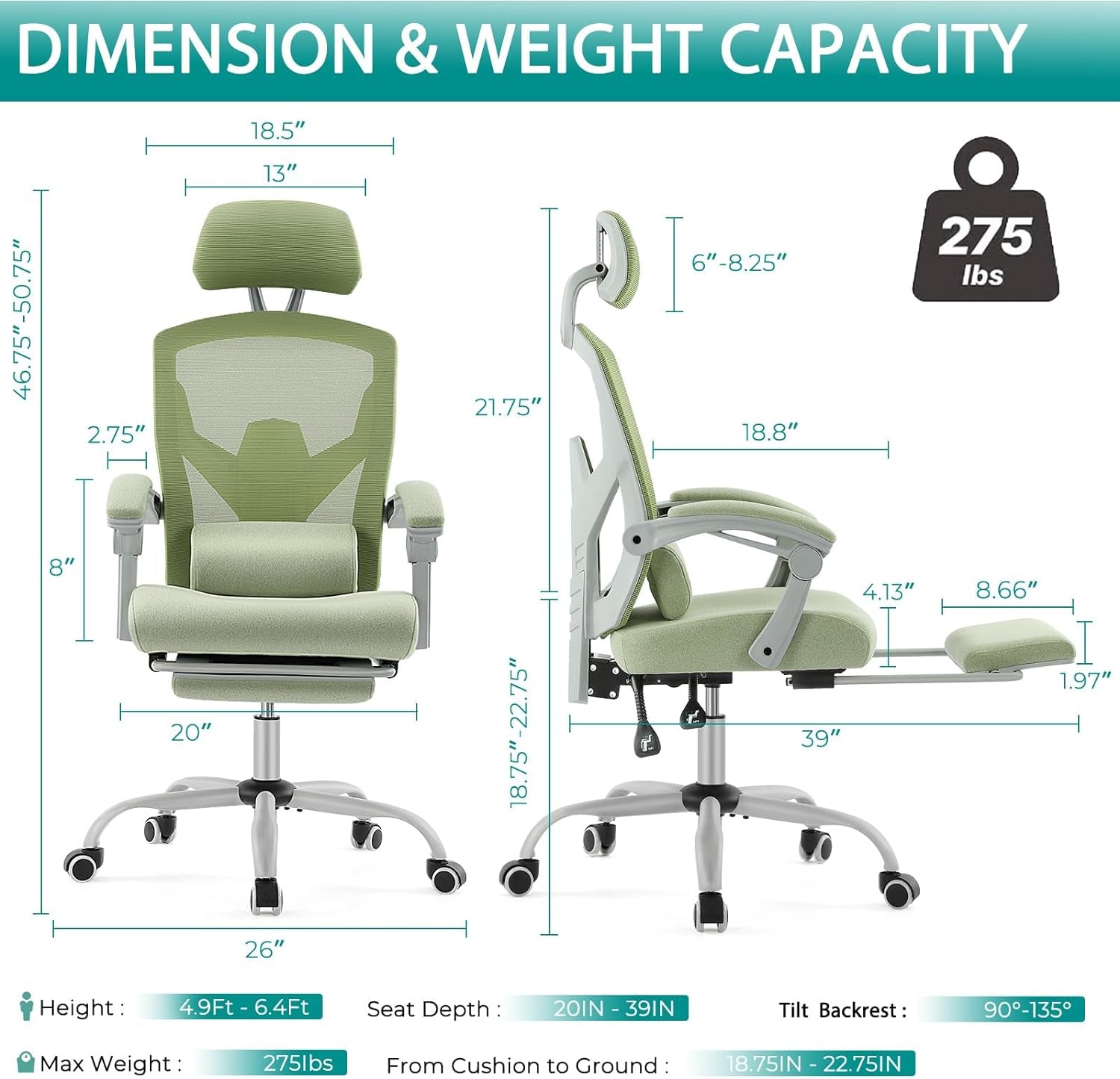 Office Desk Chair with Footrest Ergonomic Gaming Chair for Adults Computer Mesh, Lumbar Support,Swivel Reclining with Headrest, Comfy Armrest for Home, Office, Work, Study, Light Green