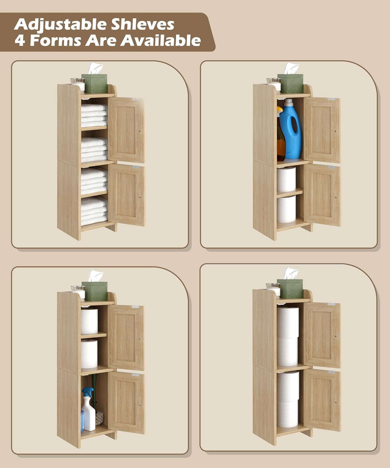 Rattan Small Bathroom Cabinet with 2 Doors, 7.9''D X 7.9''W Narrow Toilet Paper Storage Cabinet, Bathroom Organizer for Small Spaces, Wooden Slim Corner Unit with Adjustable Shelf, Natural Oak