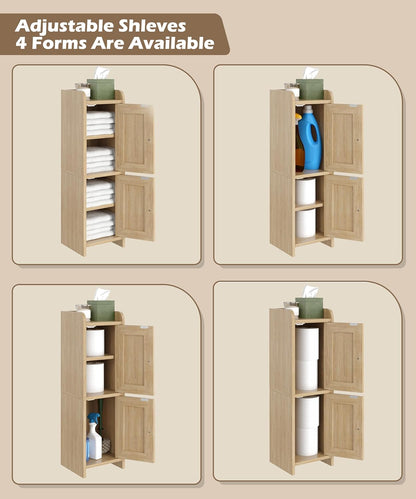 Rattan Small Bathroom Cabinet with 2 Doors, 7.9''D X 7.9''W Narrow Toilet Paper Storage Cabinet, Bathroom Organizer for Small Spaces, Wooden Slim Corner Unit with Adjustable Shelf, Natural Oak
