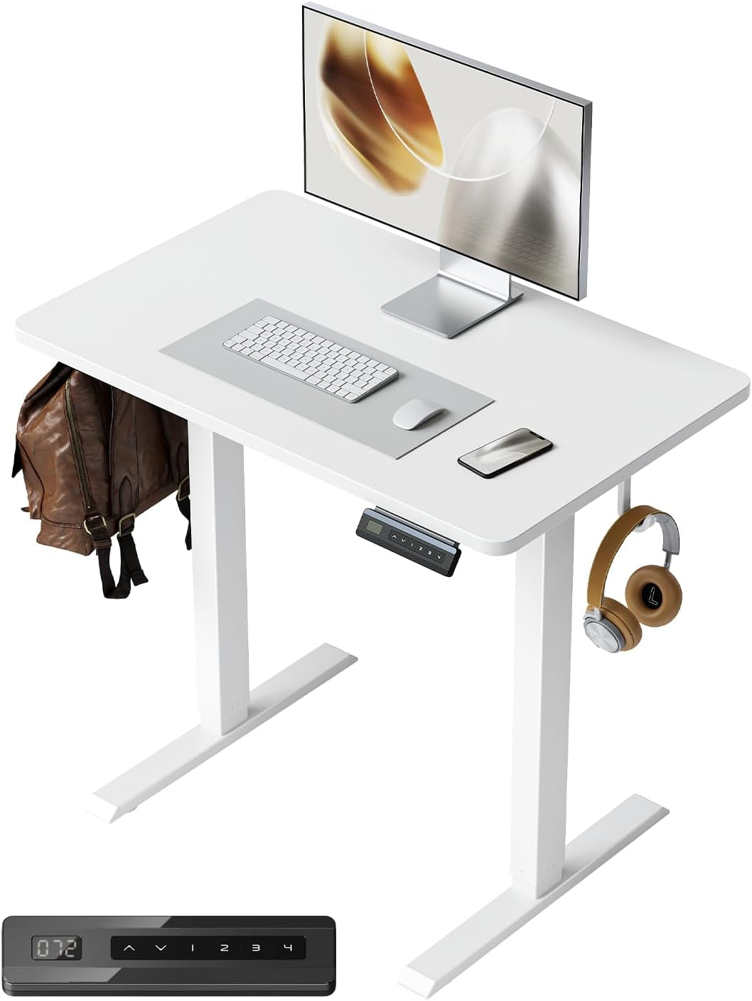 One-Piece Standing Desk Adjustable Height Stand up Home Office Desk, 32X20 Inch Electric Standing Computer Desk, with 4 Memory Presets, Headphone Hook, White