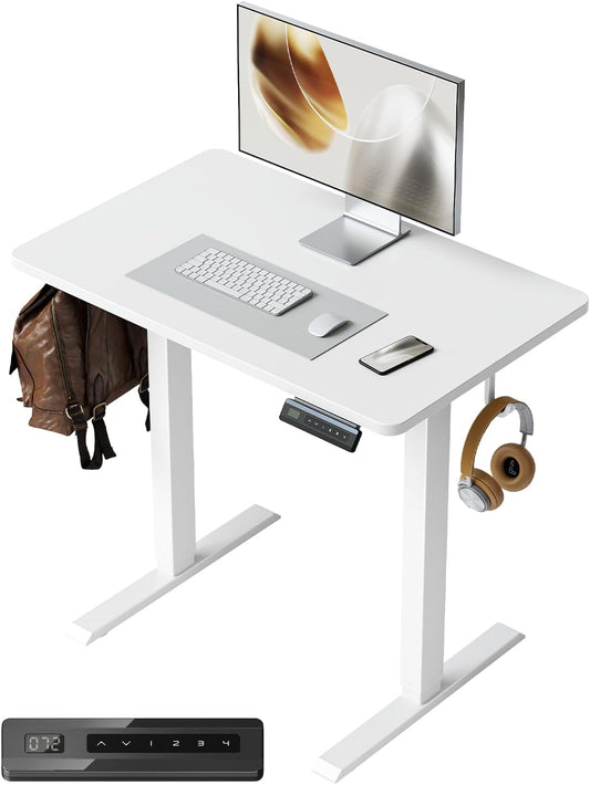 One-Piece Standing Desk Adjustable Height Stand up Home Office Desk, 32X20 Inch Electric Standing Computer Desk, with 4 Memory Presets, Headphone Hook, White
