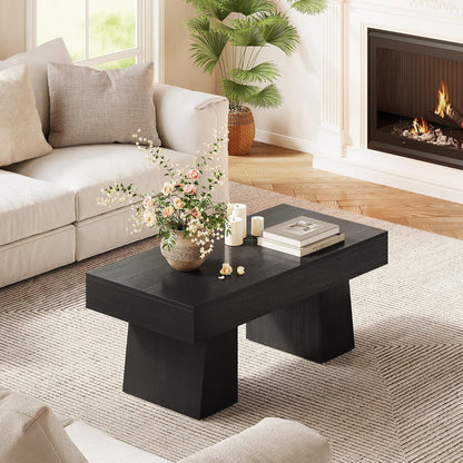 Farmhouse Coffee Table, 47 Inches Wooden Rectangular Accent Center Tables with Thick Base, Modern Low Cocktail Tea Furniture for Living Room (Black)