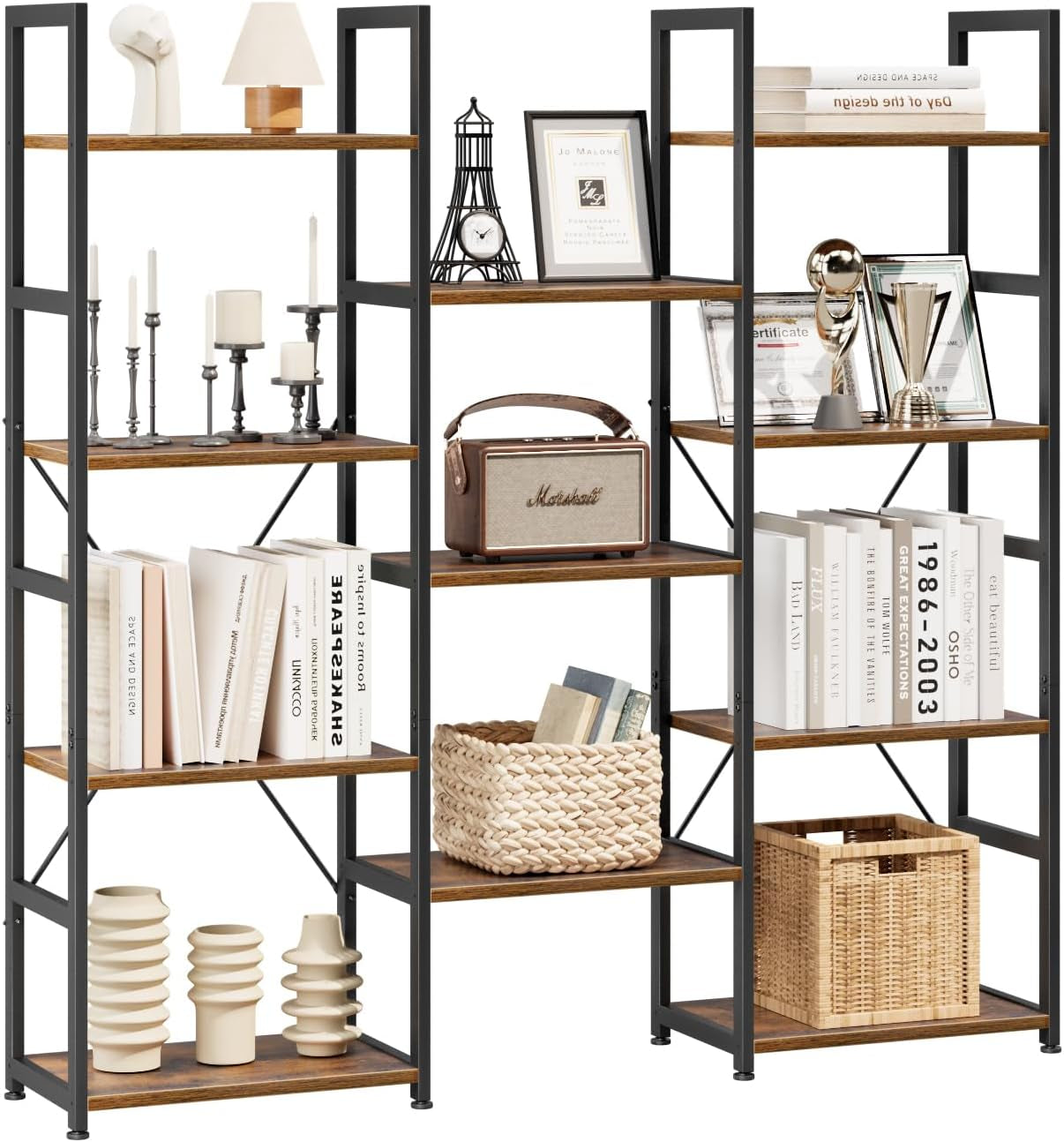 Triple Column 4 Tier Bookshelf, Bookcase with 11 Open Display Shelves, Adjustable Rustic Industrial Style Book Shelves, Modern Bookshelves for Bedroom, Living Room and Home Office, Vintage