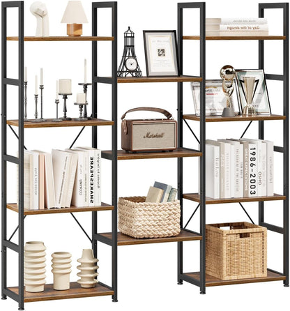 Triple Column 4 Tier Bookshelf, Bookcase with 11 Open Display Shelves, Adjustable Rustic Industrial Style Book Shelves, Modern Bookshelves for Bedroom, Living Room and Home Office, Vintage