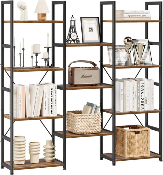 Triple Column 4 Tier Bookshelf, Bookcase with 11 Open Display Shelves, Adjustable Rustic Industrial Style Book Shelves, Modern Bookshelves for Bedroom, Living Room and Home Office, Vintage