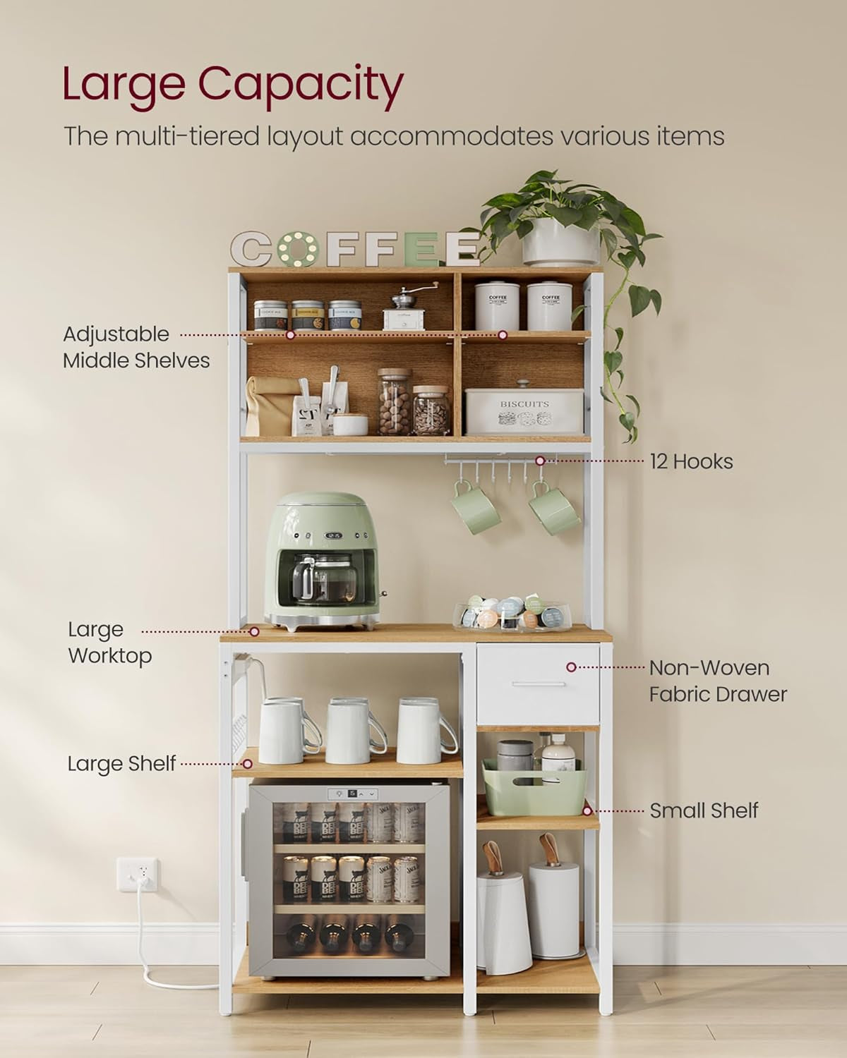 Bakers Rack with Charging Station, Coffee Bar with Adjustable Storage Shelves, Fabric Drawer, 12 Hooks, 15.7 X 31.5 X 71 Inches, Kitchen Microwave Stand, Golden Oak and Cloud White UKKS015Y03