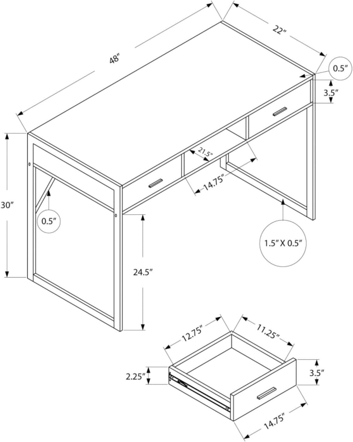 Contemporary 48" L Computer Desk with 2 Spacious Drawers for Storages, Modern Home Office Laptop Table with 1 Open Concept Shelf