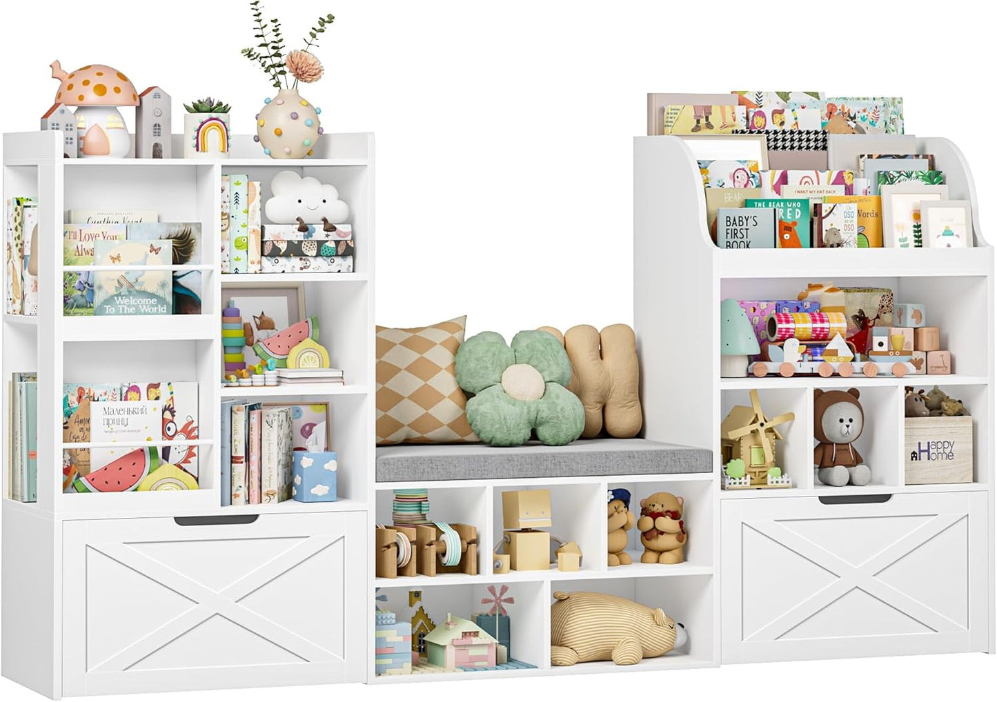 75” W Kids Bookshelf with Reading Nook, Large Toy Storage Toy Organizer with Seat Cushion and 2 Movable Drawers, Kids Reading Nook Kid Bench for Playroom Living Room, White