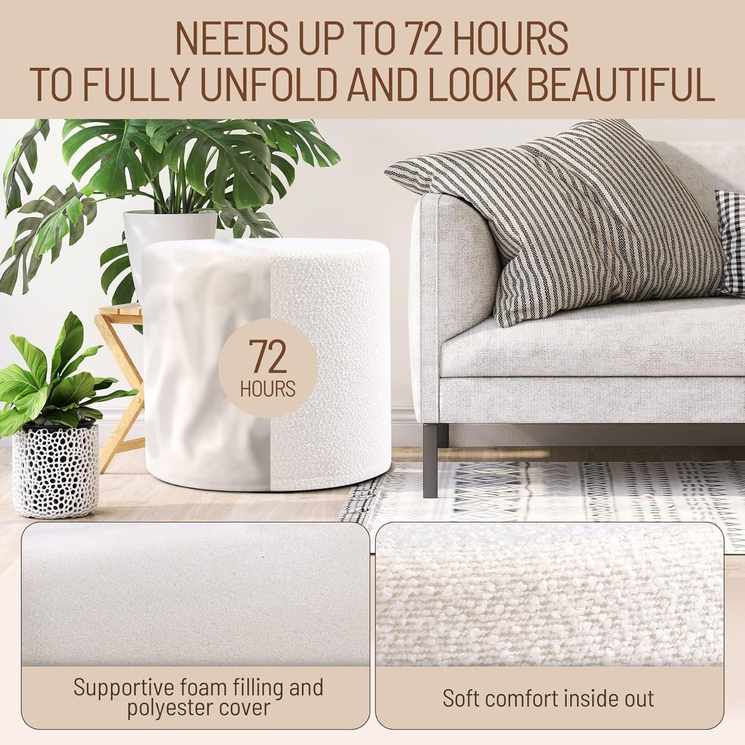 Round Pouf Ottoman and Foot Rest, Soft Boucle Footstool Ottomans for Living Room, Comfort Sponge Stuffed Poofs for Couch Desk Resting Your Feet, White(17.1" D X 17.1" W X 14" H)