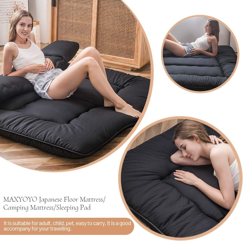 Japanese Floor Mattress Futon Mattress, 4" Thicken Tatami Mat Sleeping Pad Foldable Roll up Mat Boys Girls Dormitory Pad Kids Floor Lounger Pillow Bed, Black, Full