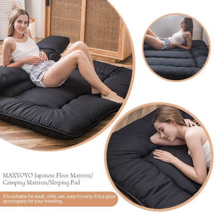 Japanese Floor Mattress Futon Mattress, 4" Thicken Tatami Mat Sleeping Pad Foldable Roll up Mat Boys Girls Dormitory Pad Kids Floor Lounger Pillow Bed, Black, Full