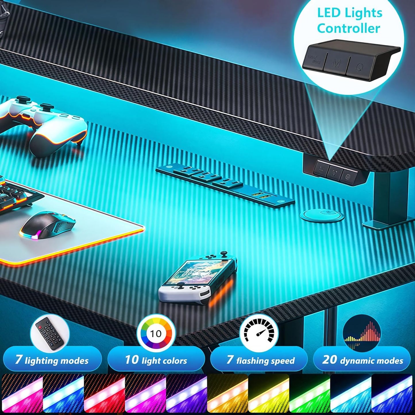 32 Inch Small Gaming Desk with LED Lights & Power Outlets, Computer Desk Gaming Table with Monitor Shelf, Gamer Desk with Carbon Fiber Texture, Kids Boys Desk Gift for Men