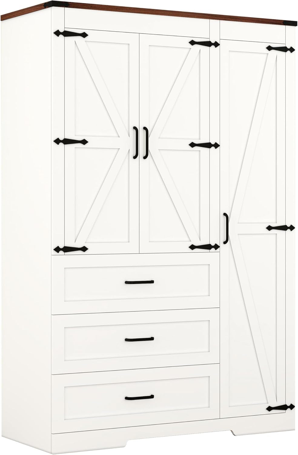 3 Door Armoire Wardrobe Closet Cabinet with 3 Drawers and Drawers, Farmhouse Bedroom Armoire with Hanging Rod and Adjustable Shelves, Large Capacity Storage Wardrobe Armoire for Bedroom, White