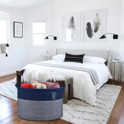 Extra Large Blanket Basket, Woven Laundry Basket, 21.7”X 13.8”, Nursery Hamper, Cotton Rope Laundry Hamper Living Room for Storage Toys Clothes Towels (Navy Blue)