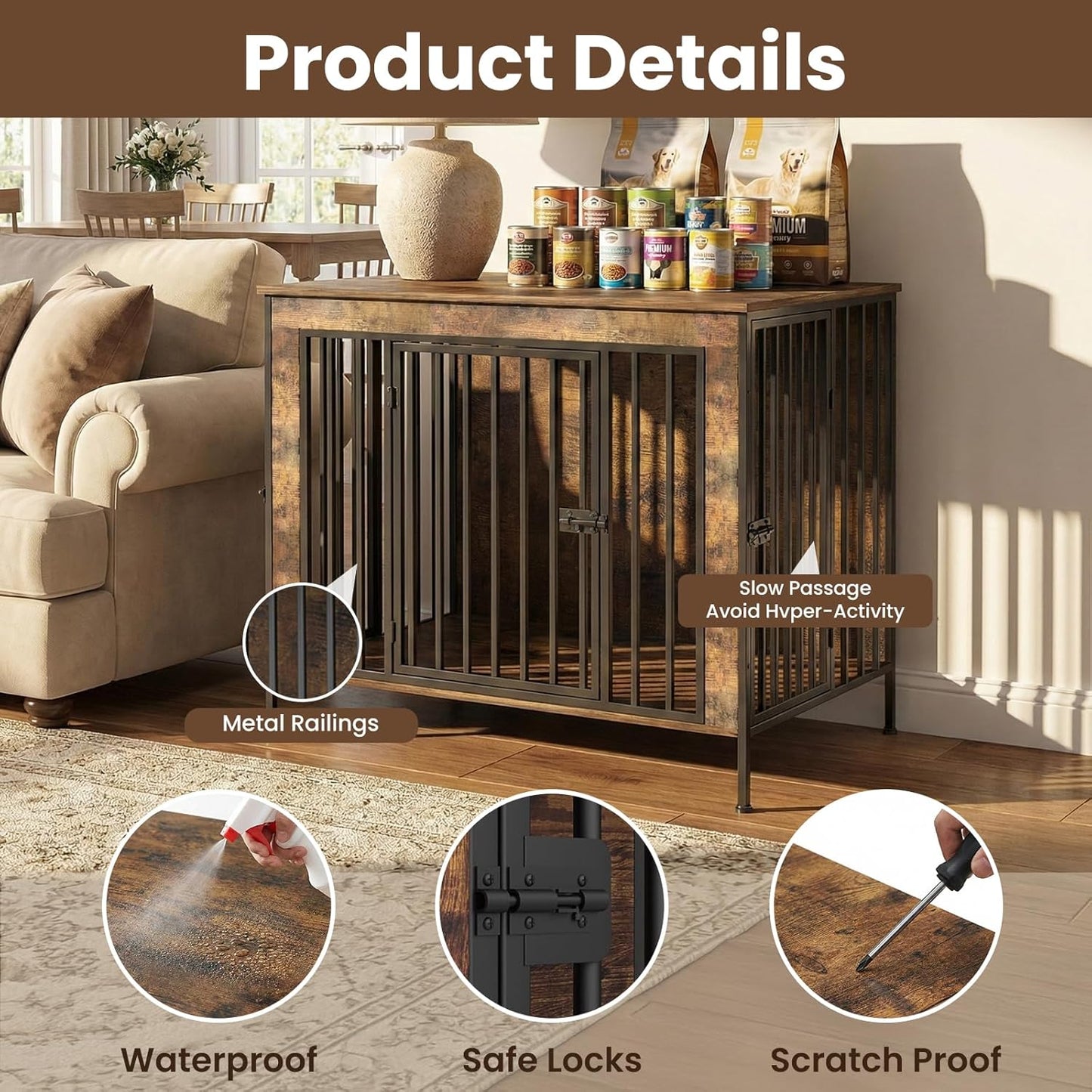 Dog Crate Furniture Heavy Duty for Large Dog, Sturdy Indoor Kennel Table with Dual Doors, Elevated Robot Vacuum Friendly Base, Decorative Cage TV Stand & End Table, Rustic Brown