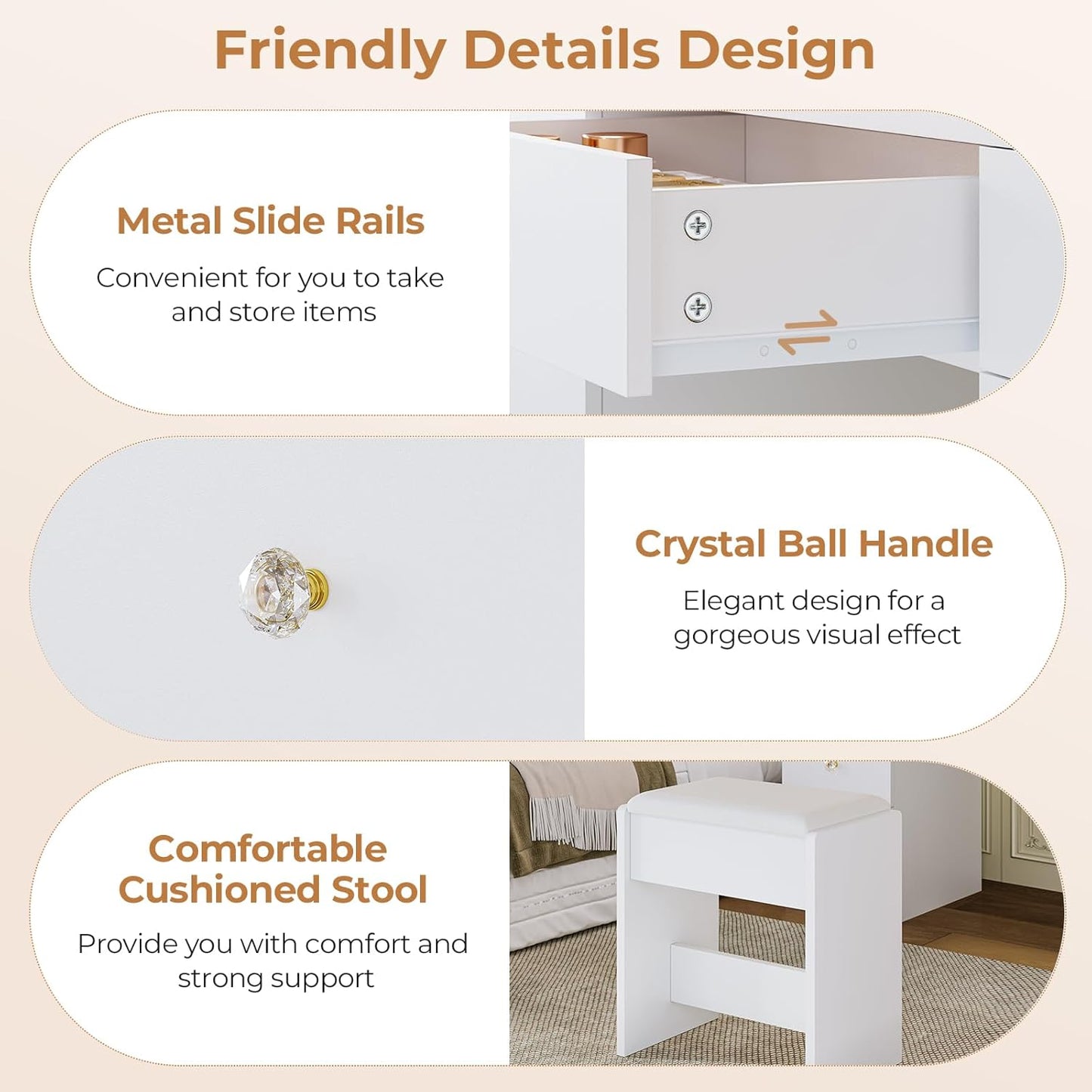 Makeup Vanity Desk with Large Lighted Mirror and 9 Drawers, Large Vanity Desk with Storage Rack, Hook, Crystal Handle, White Bedroom Dressing Table Set with Charging Station, Lights Adjustable