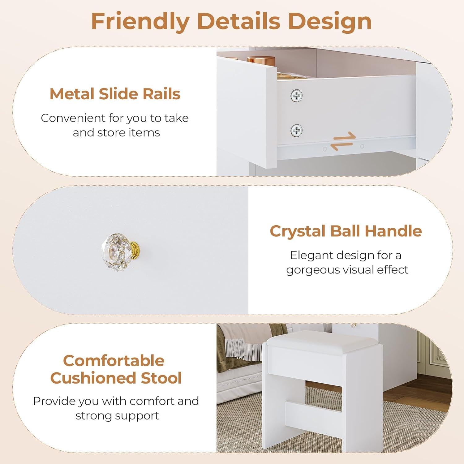 Makeup Vanity Desk with Large Lighted Mirror and 9 Drawers, Large Vanity Desk with Storage Rack, Hook, Crystal Handle, White Bedroom Dressing Table Set with Charging Station, Lights Adjustable