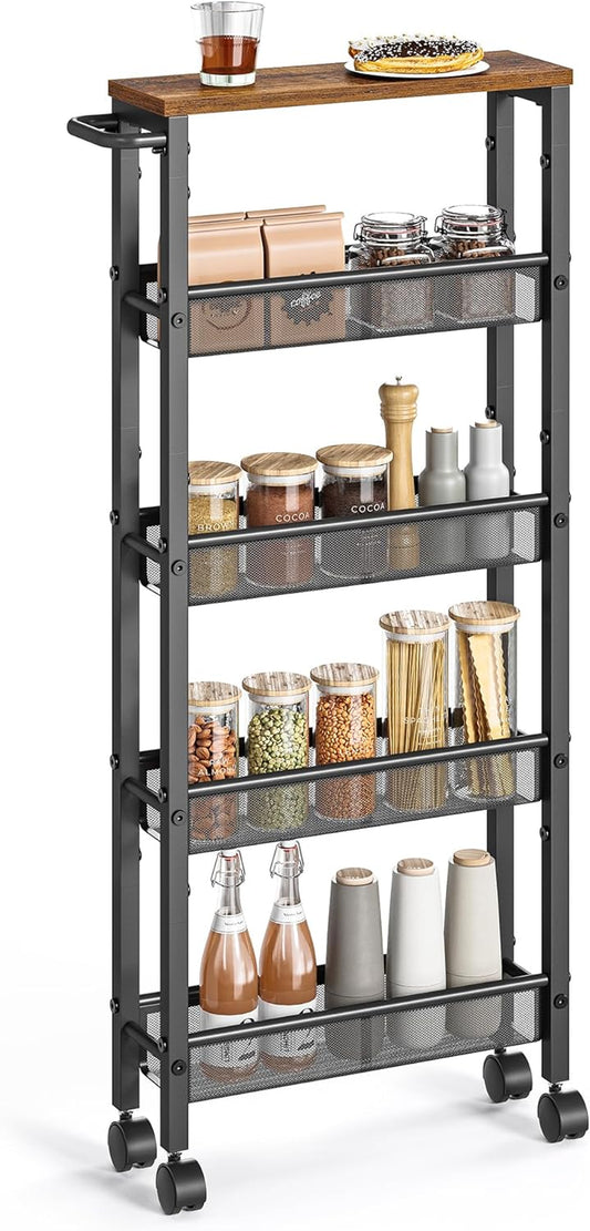 Slim Rolling Cart, 5-Tier Storage Cart, Narrow Carts with Handle, 5.1 Inches Deep, Metal Frame, for Kitchen, Dining Room, Living Room, Home Office, Rustic Brown and Classic Black ULRC034B01