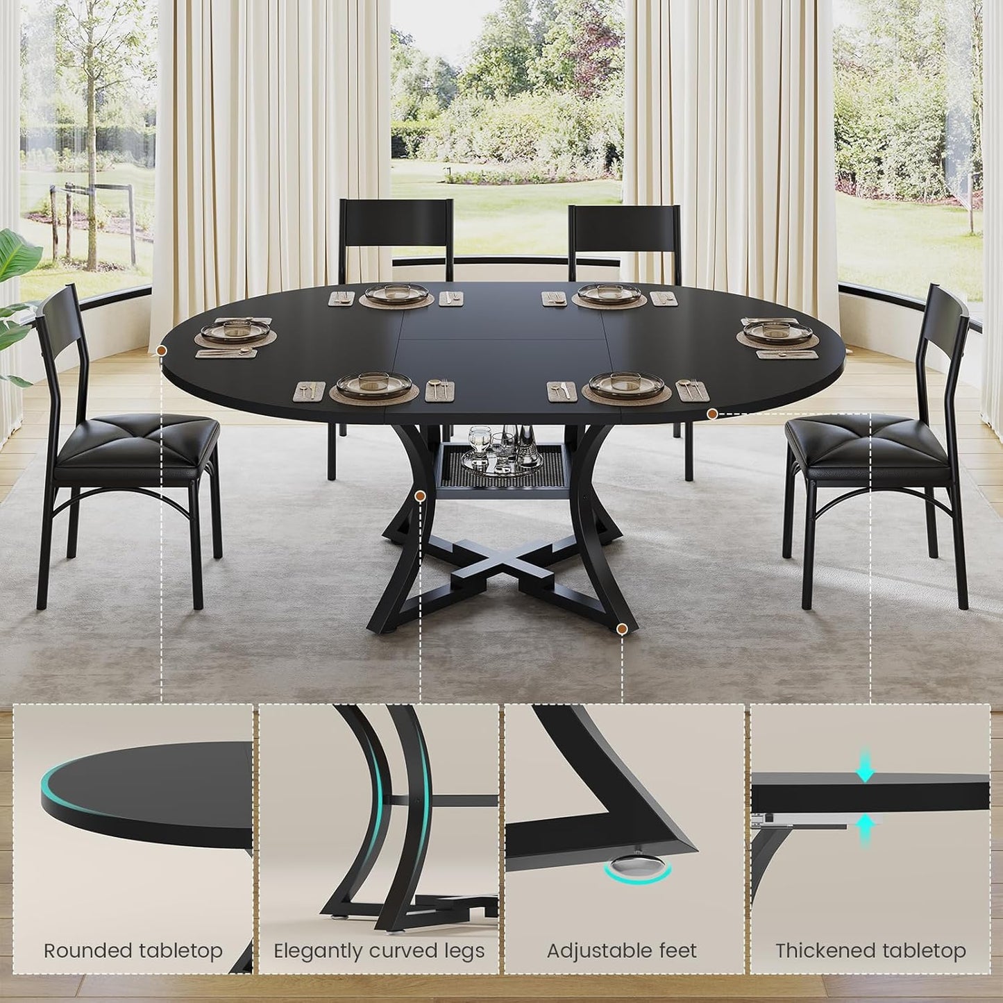 round Extendable Dining Table Set for 4-6 People, 5-Piece Kitchen Table Set with 4 Cushion Chairs, Dining Room Table for 6 with MDF Board & Metal Frame for Small Space, Easy Clean, Black