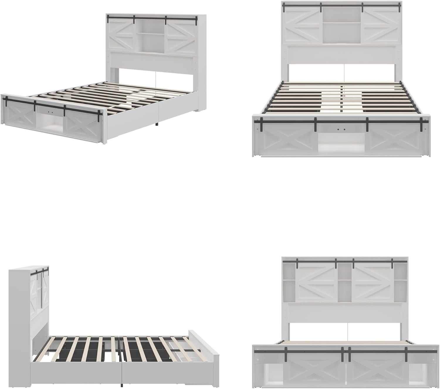 Queen Farmhouse Bed Frame with Charging Station, LED Lights, Storage Headboard & Footboard, Platform Bed Frame with 4 Rolling Drawers & Sliding Barn Door, No Box Spring Needed, White