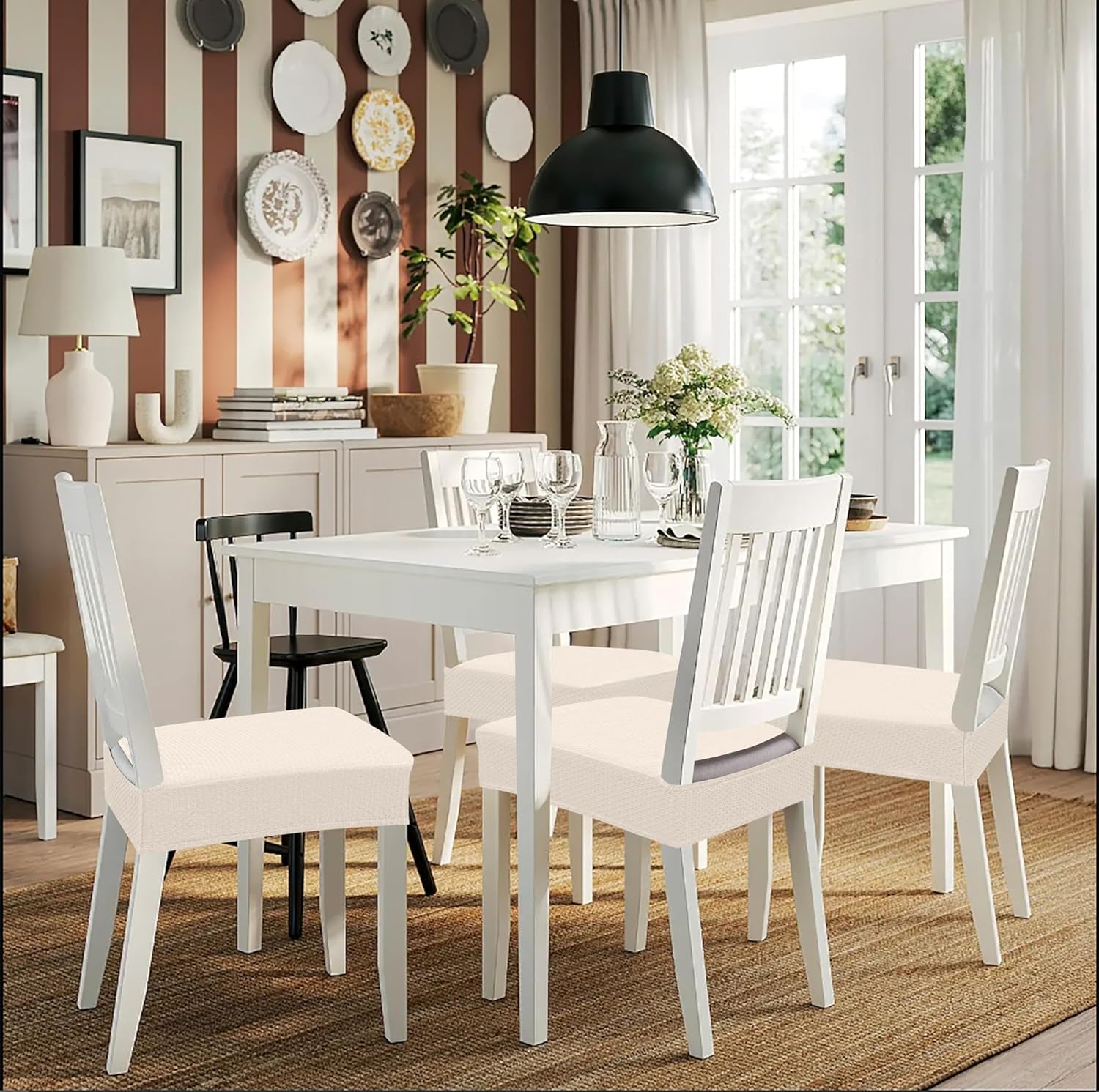 Stretch Jacquard Seat Covers for Dining Room Chairs Set of 4, Removable Washable Chair Seat Protector Slipcovers, No Rear Covers, Beige