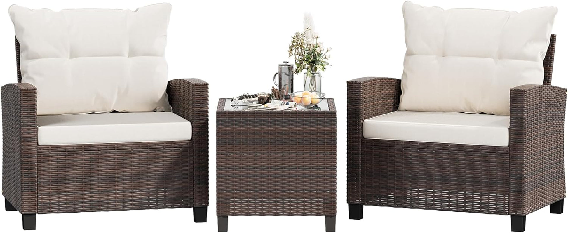3 Pieces Patio Furniture Set, PE Rattan Wicker 3 Pcs Patio Set, Outdoor Furniture Set with Two Outdoor Chairs and Table, Conversation Set for Garden, Poolside, Balcony, and Porch(Beige)