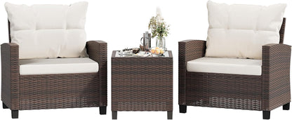 3 Pieces Patio Furniture Set, PE Rattan Wicker 3 Pcs Patio Set, Outdoor Furniture Set with Two Outdoor Chairs and Table, Conversation Set for Garden, Poolside, Balcony, and Porch(Beige)