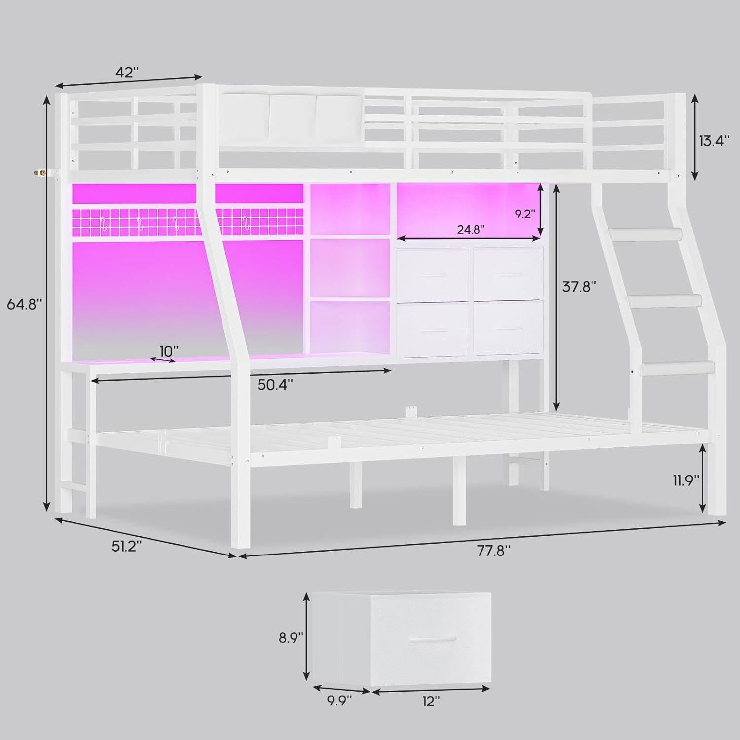Bunk Bed Twin over Twin with 4 Storage Drawers & Shelves & Bedside Caddy, Twin Bunk Beds with Charging Station & Led Lights, Metal Bunk Bed with Safety Guardrail & Angled Ladder for Kids, White