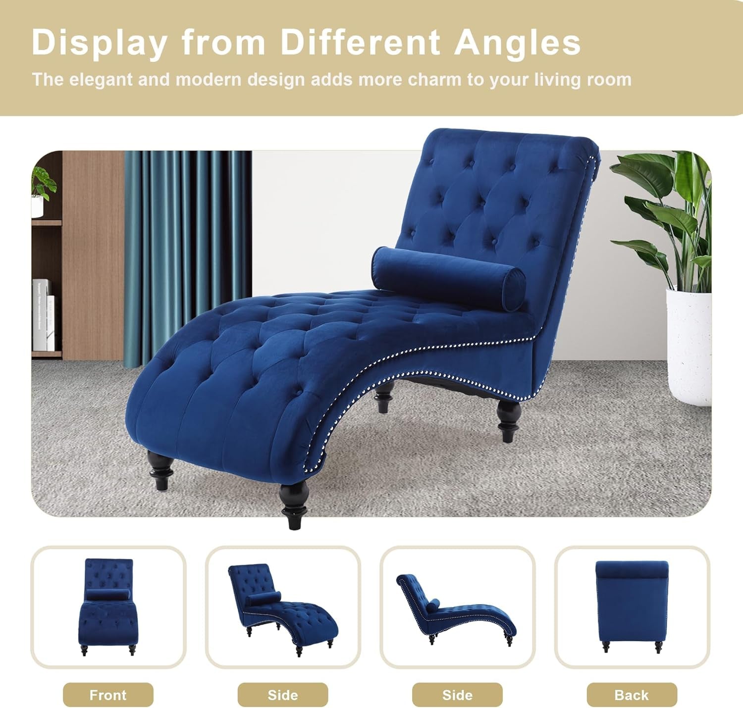 Velvet Chaise Lounge Indoor,Button-Tufted Upholstered Chaise Lounge Chair with Pillow for Bedroom Living Room Office Modern Backrest Leisure Recliner Sleep Sofa (Blue)