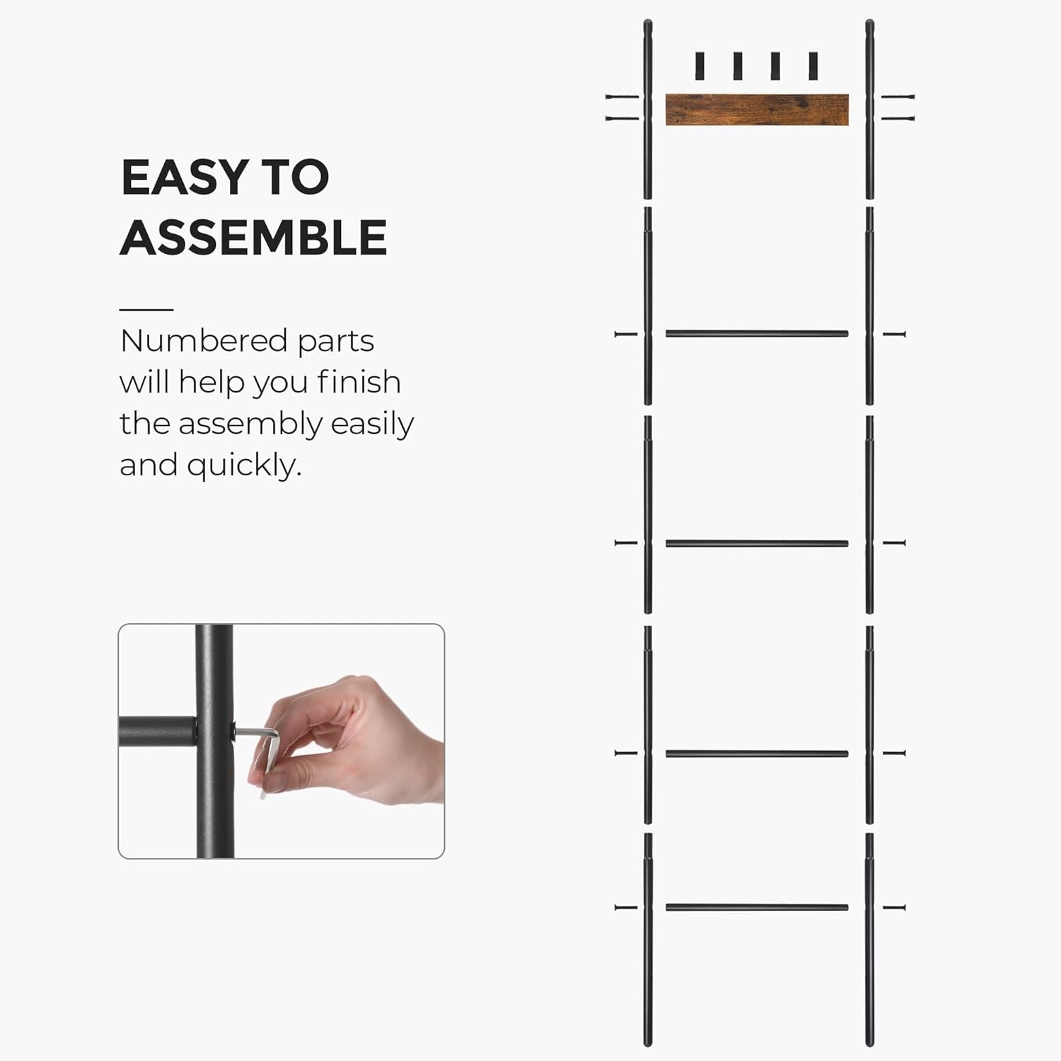 Blanket Ladder, 5-Tier Ladder Shelf, Decorative Ladder with 4 Removable Hooks, Metal Frame, Industrial Style, Rustic Brown and Black ULLS016B01