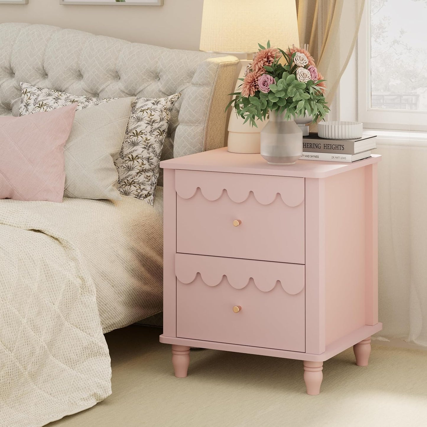 Bedroom Set 2 PCS 6 Drawer Dresser and Night Stand Sets for Bedroom, Two Drawers Nightstand & Scalloped 6 Drawer Dresser Combo 2 Pieces (Pink)