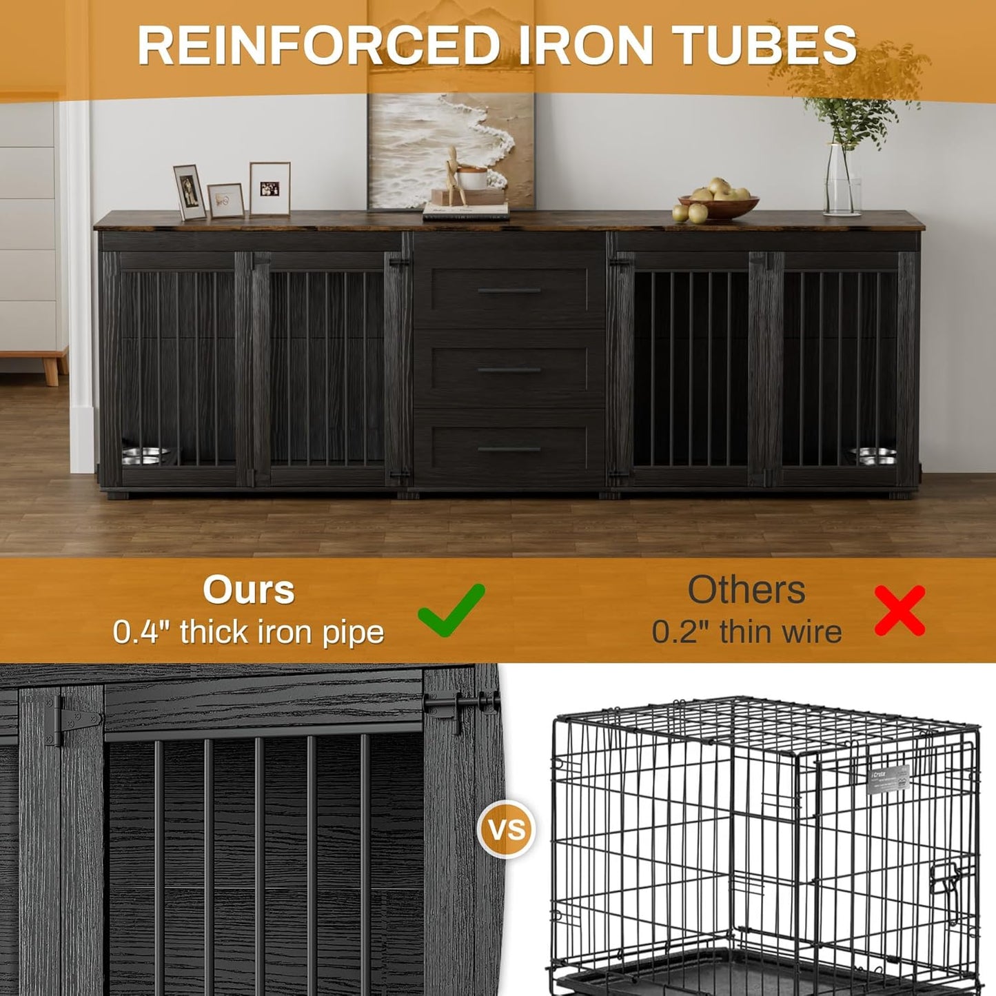94.5" Large Dog Crate Furniture for 2 Dogs, Double Wooden Dog Kennel Furniture with 4 Dog Bowls & 3 Drawers, Heavy Duty Indoor Furniture Style Dog Cage TV Stand/Table/House, Black