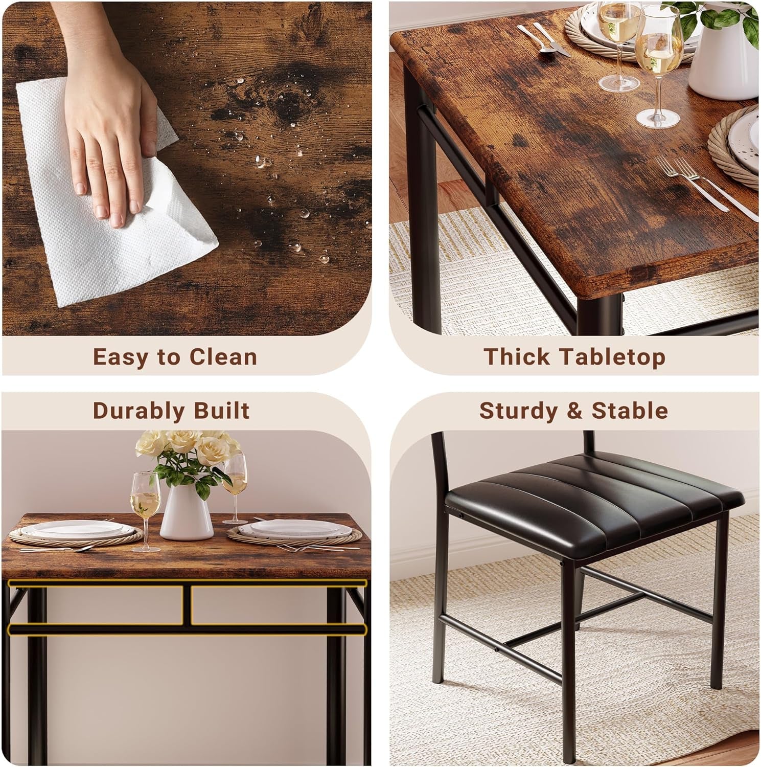 Dining Table Set for 2, Small Kitchen Table with Upholstered Chairs Dinning Table Set for Kitchen & Dining Room, Compact Dining Set for Small Spaces, Rustic Brown