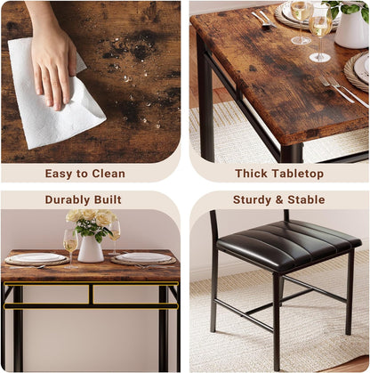 Dining Table Set for 2, Small Kitchen Table with Upholstered Chairs Dinning Table Set for Kitchen & Dining Room, Compact Dining Set for Small Spaces, Rustic Brown