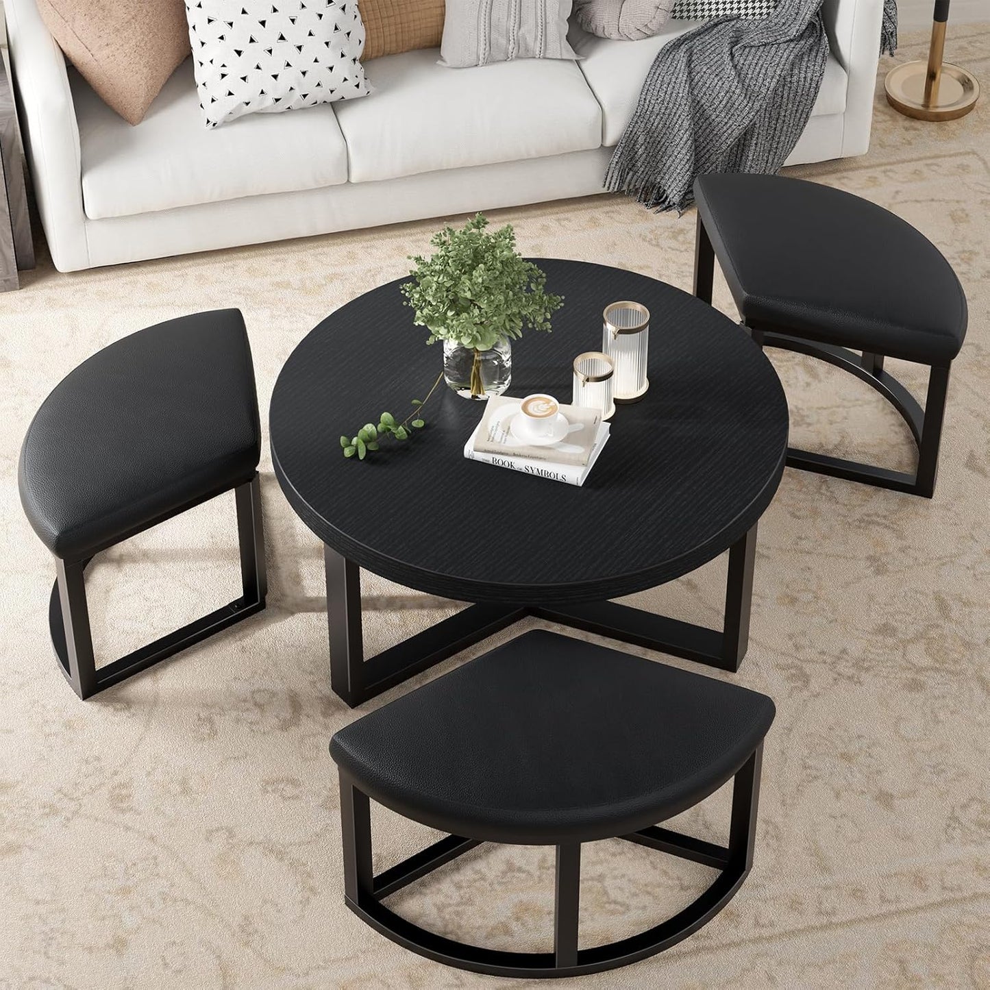 Round Coffee Table with Stools underneath - 30 Inch Small Modern Tables Set with 3 Chairs Ottomans Seating Seats Black Wood