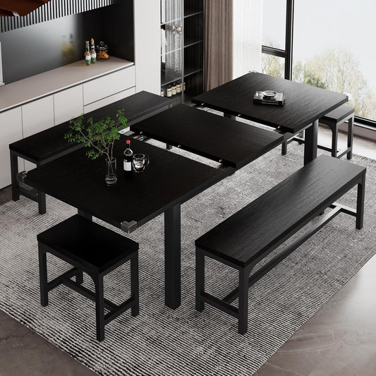 5-Piece Dining Table Set for 4-8 People, Extendable Kitchen Table Set with 2 Benches and 2 Square Stools, Mid-Century Dining Room Table with Metal Frame & MDF Board, Saving Space, Black