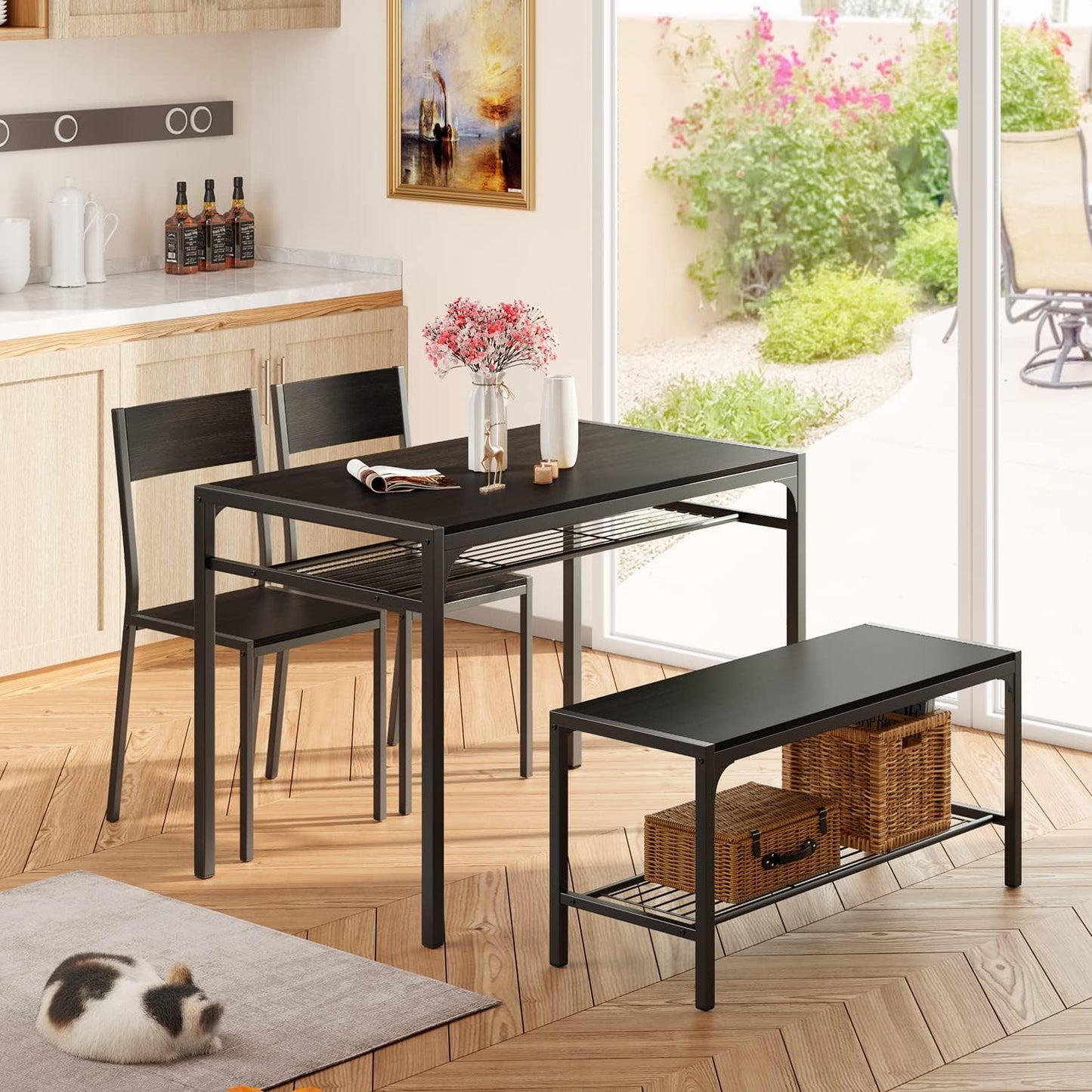 Kitchen Table and 2 Chairs for 4 with Bench, 4 Piece Dining Table Set for Small Space, Apartment