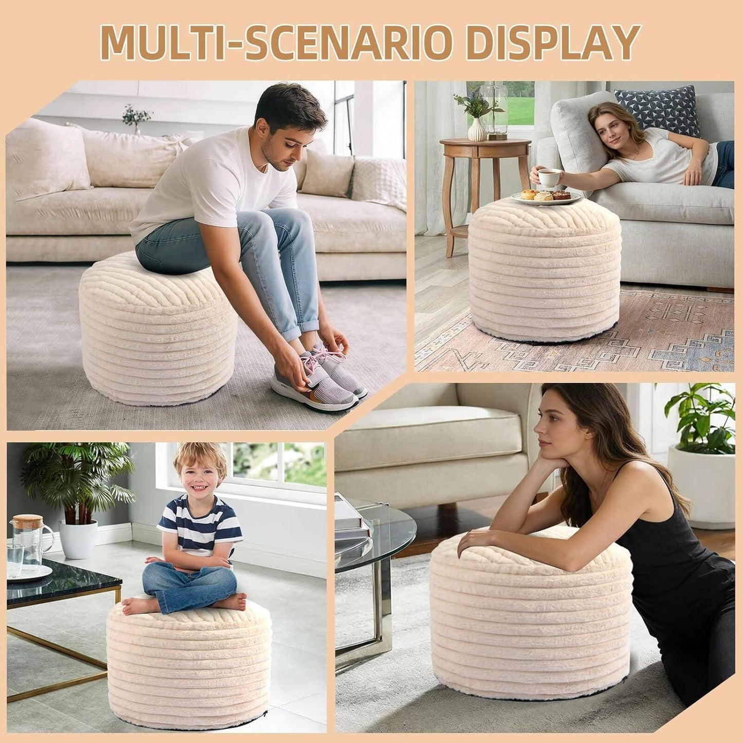 Round Stuffed Pouf Ottoman Foot Rest for Couch round Ottoman with Foam Chunk Filling Stripe Faux Fur Ottomans for Living Room Floor (20"X15",Beige)