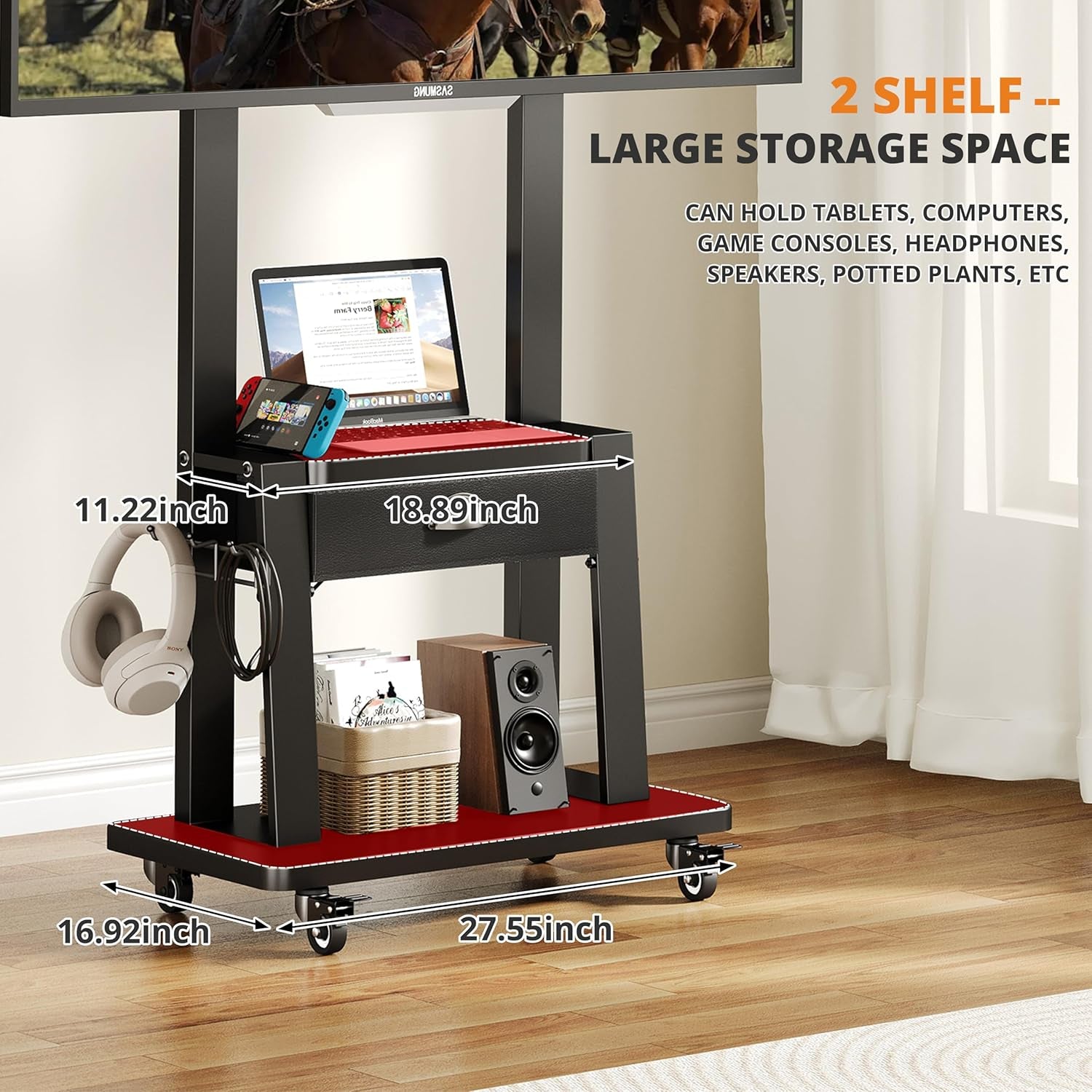 Mobile TV Cart with Drawer,For 23-75 Inch Flat/Curved Screen up to 120Lbs,Adjustable Height Rolling Tvs Floor Stand with 2 Tiers Shelves,Locking Wheel,For Indoor Outdoor,Max VESA 600X400Mm,Black