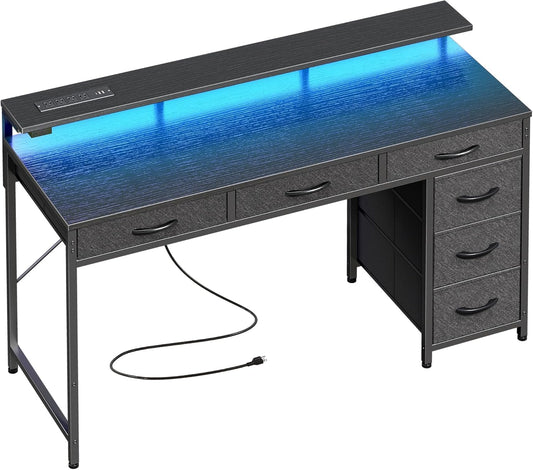 Gaming Desk with 6 Drawers, Computer Desk with LED Lights Power Outlets and Type-C, 47 Inch Office Desk with Storage, Monitor Stand, Writing Desk Work Desk Home Office, Bedroom, Study, Black