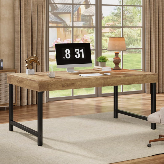 55" Industrial Executive Desk for Home Office, Rustic Simple Computer Laptop Desk with Strong Metal Legs, Study Writing Table Business Workstation, Small Conference Table