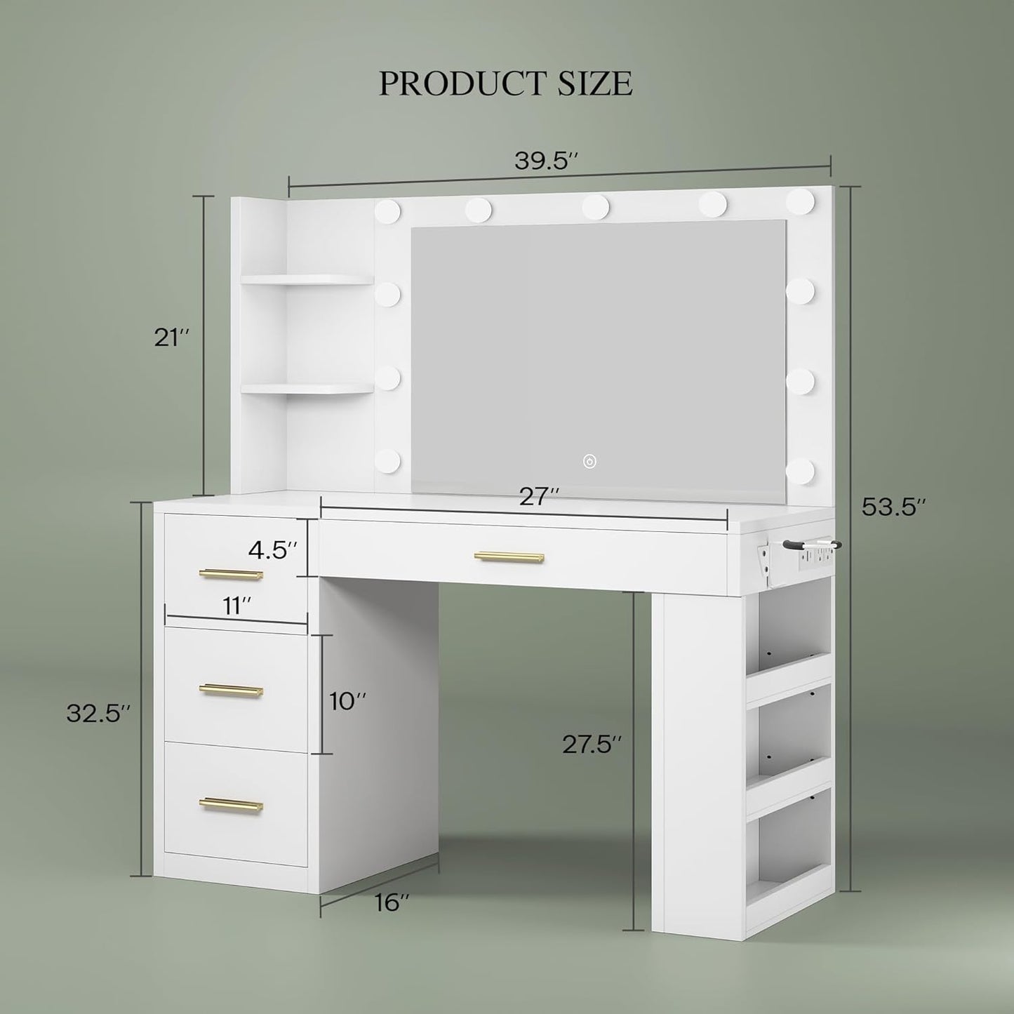Makeup Vanity Desk with Mirror & Lights, 40Inch Vanity Table with Power Outlets, 4 Drawers & 6 Open Storage Shelves, 3 Color Modes & Adjustable Brightness Dressing Table for Bedroom, White