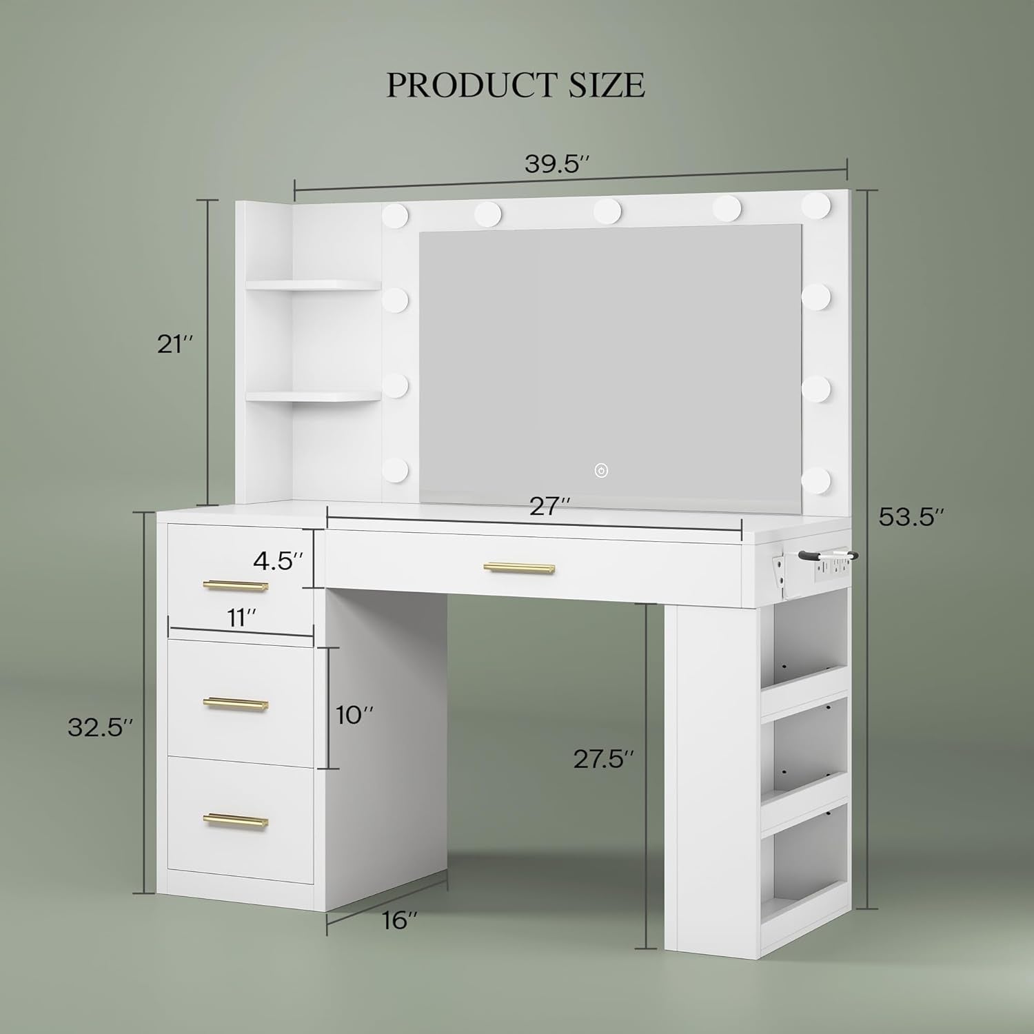 Makeup Vanity Desk with Mirror & Lights, 40Inch Vanity Table with Power Outlets, 4 Drawers & 6 Open Storage Shelves, 3 Color Modes & Adjustable Brightness Dressing Table for Bedroom, White