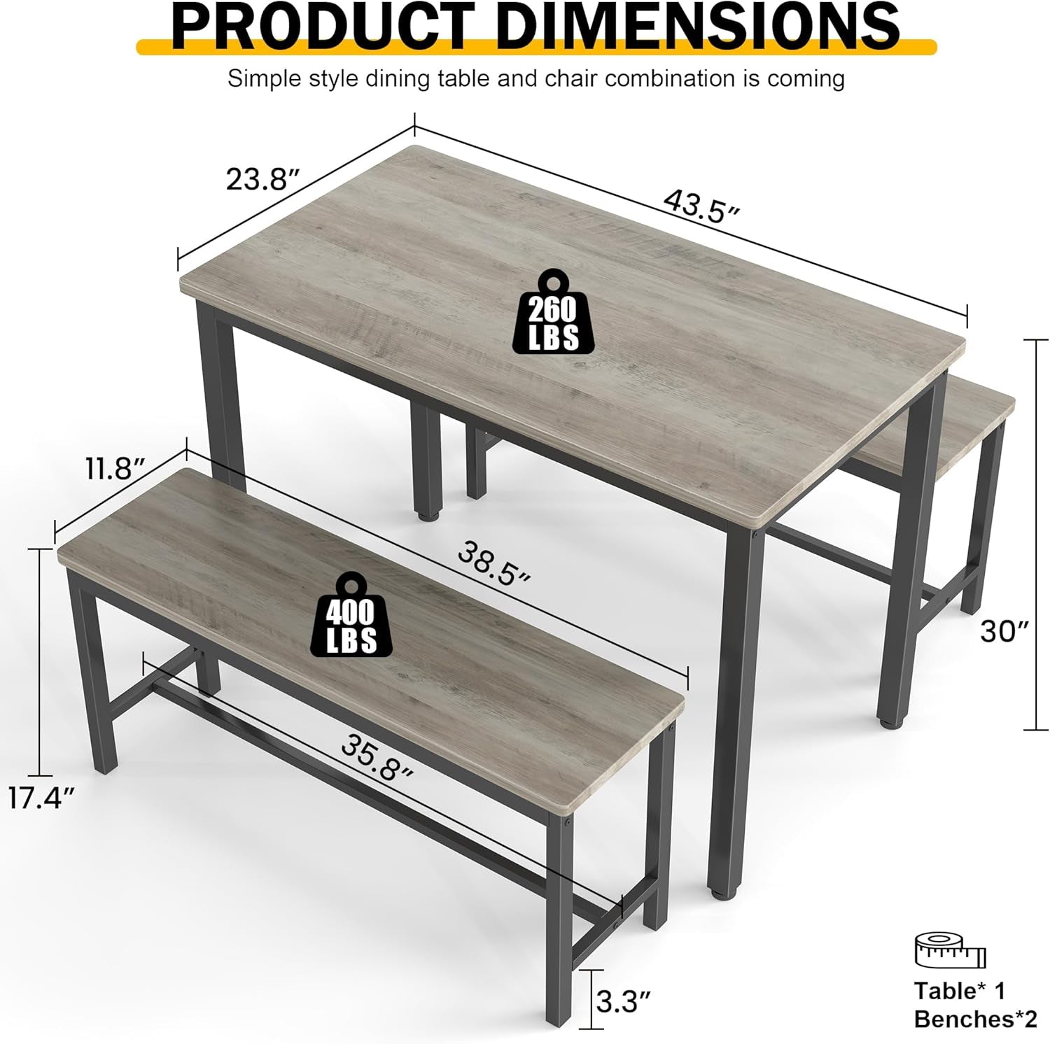Sturdy Durable Dining Table Set for 4 with Bench, Easy to Assemble Kitchen Table with Bench, Space-Saving Ideal 4-Person Set,Grey