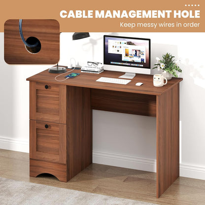 Computer Desk with 2 Storage Drawers, Study Table with Power Outlet, Laptop PC Desk with Storage, Work Table for Small Spaces, Workstation for Home & Office, Walnut